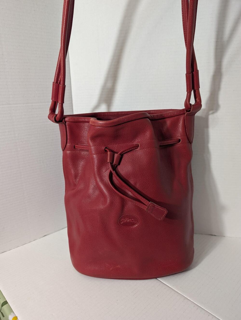 Vintage Longchamp Red Pebbled Leather Drawstring Bucket Bag Shoulder Purse